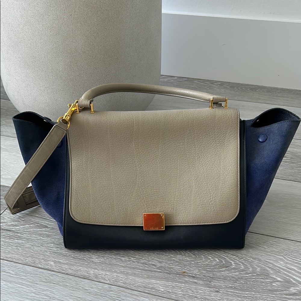 CELINE trapeze bag Cream black and Blue Satchel with Gold Accents